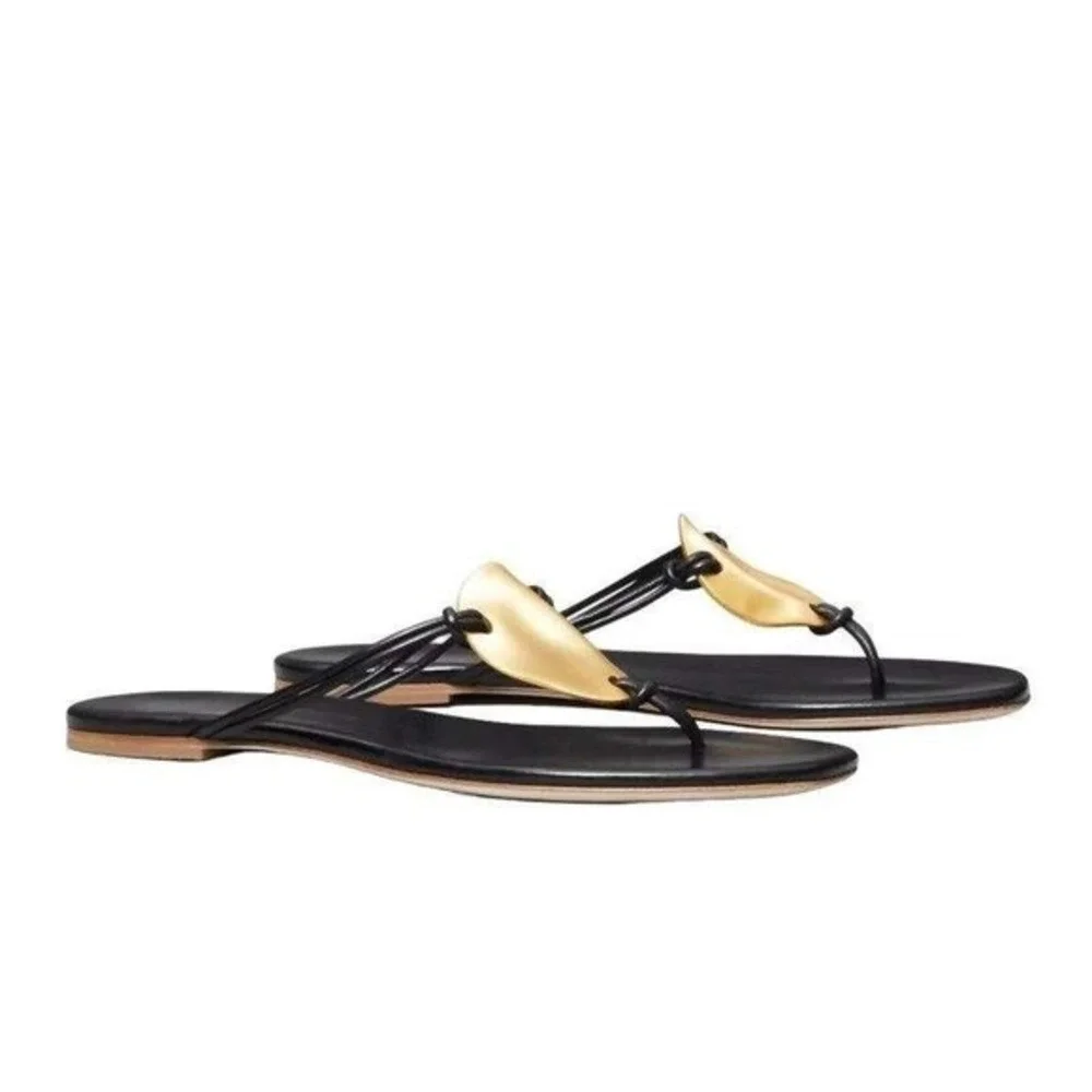 NEW TORY BURCH Patos Leather Disc Flat Thong Sandals In Black - Women's‎ Size 6
